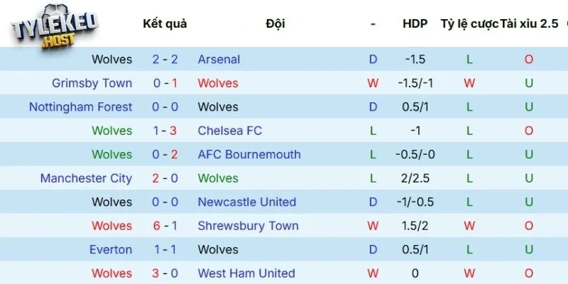 Thành tích thi đấu gần đây của Wolves