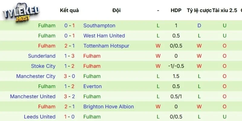 Thành tích thi đấu mới nhất của Fulham 