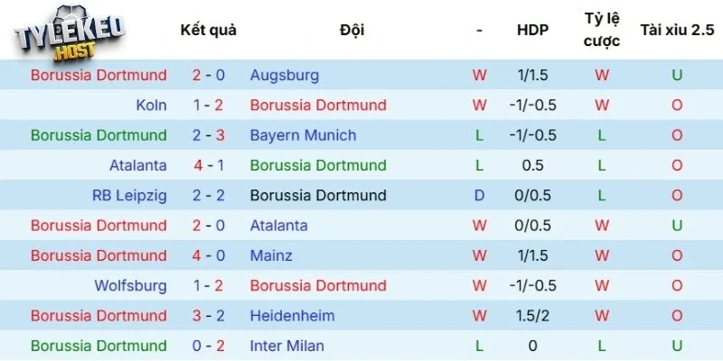 Thành tích thi đấu gần đây của Dortmund 